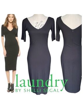 Laundry by Shelli Segal Black V Front/Back Bodycon Short Sleeve Midi Dress (6/8)